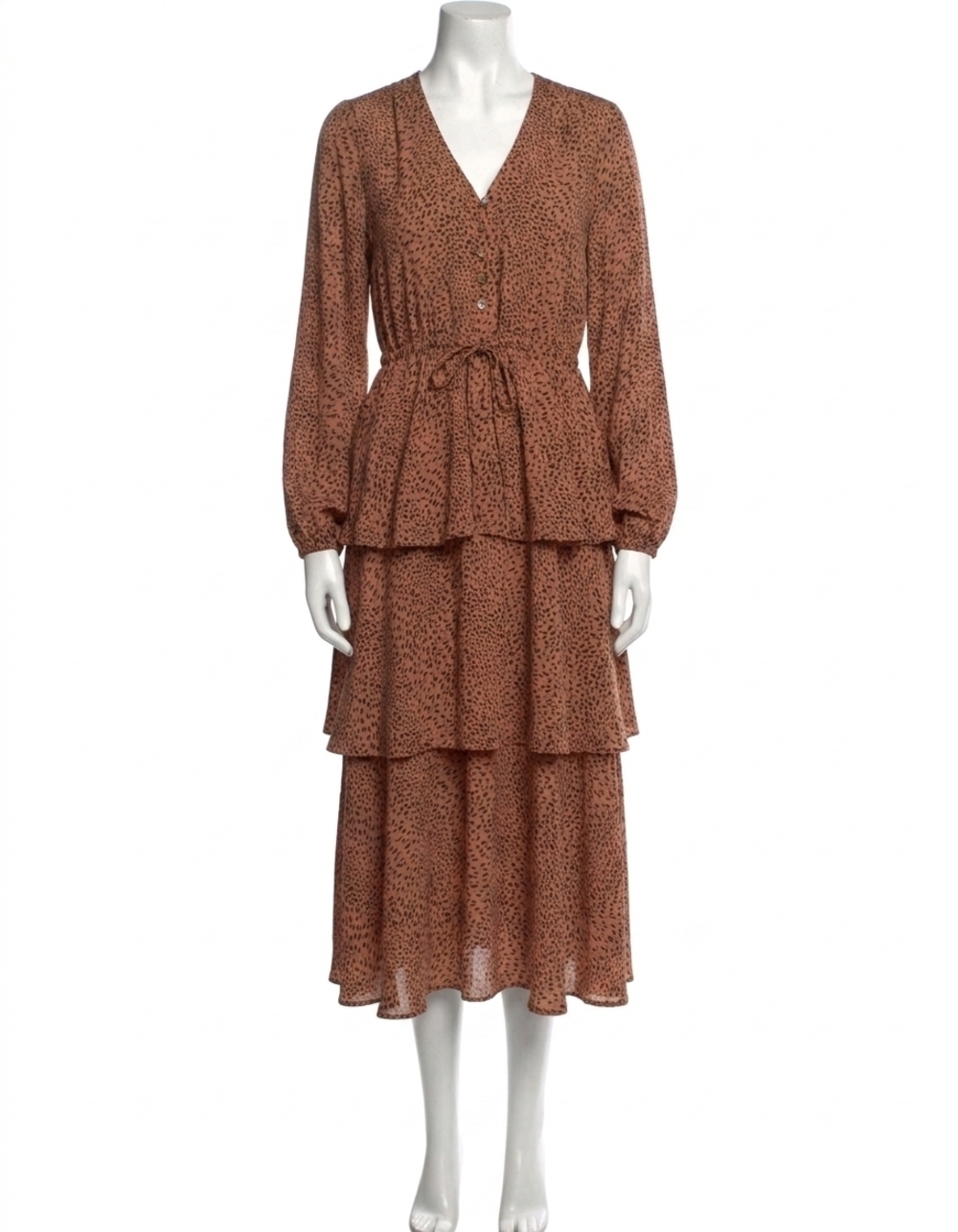 NEW MYSTREE semi sheer lurex tier midi dress in leopard print